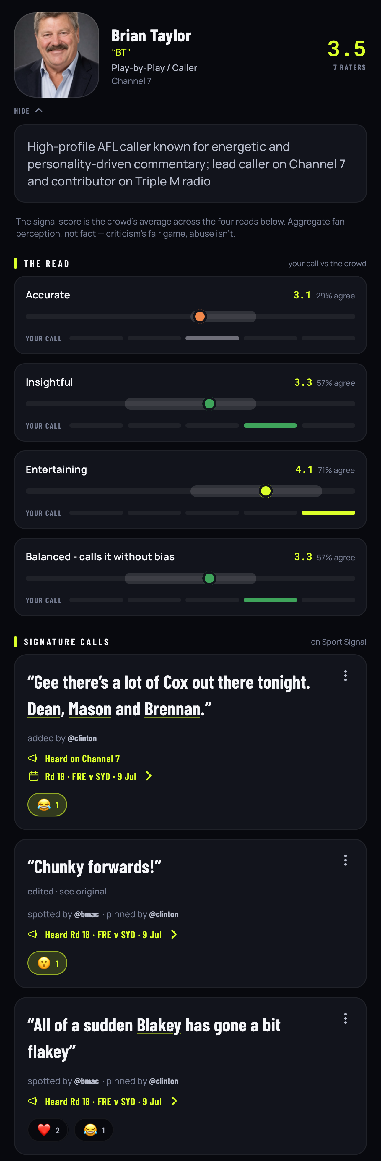 Commentator profile scrolling