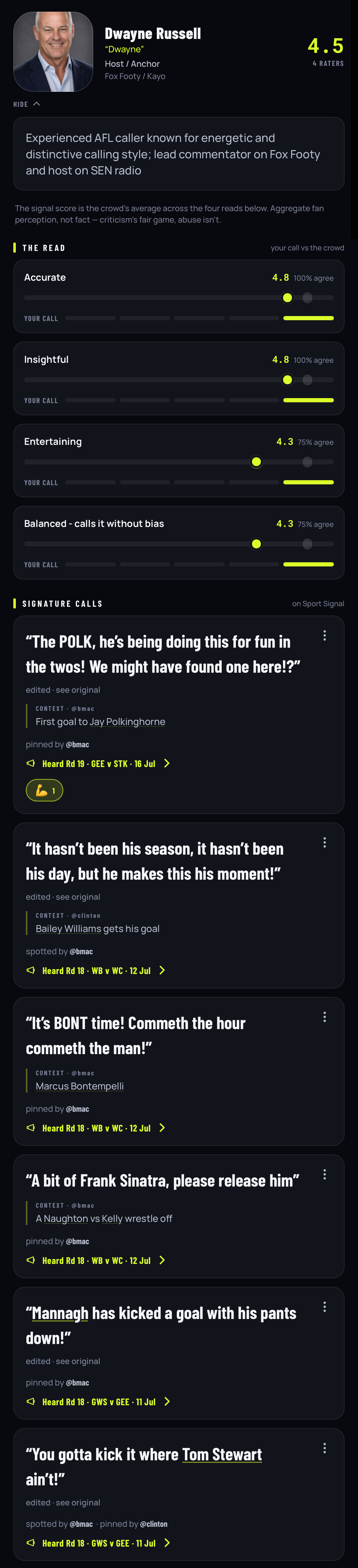 Commentator profile scrolling