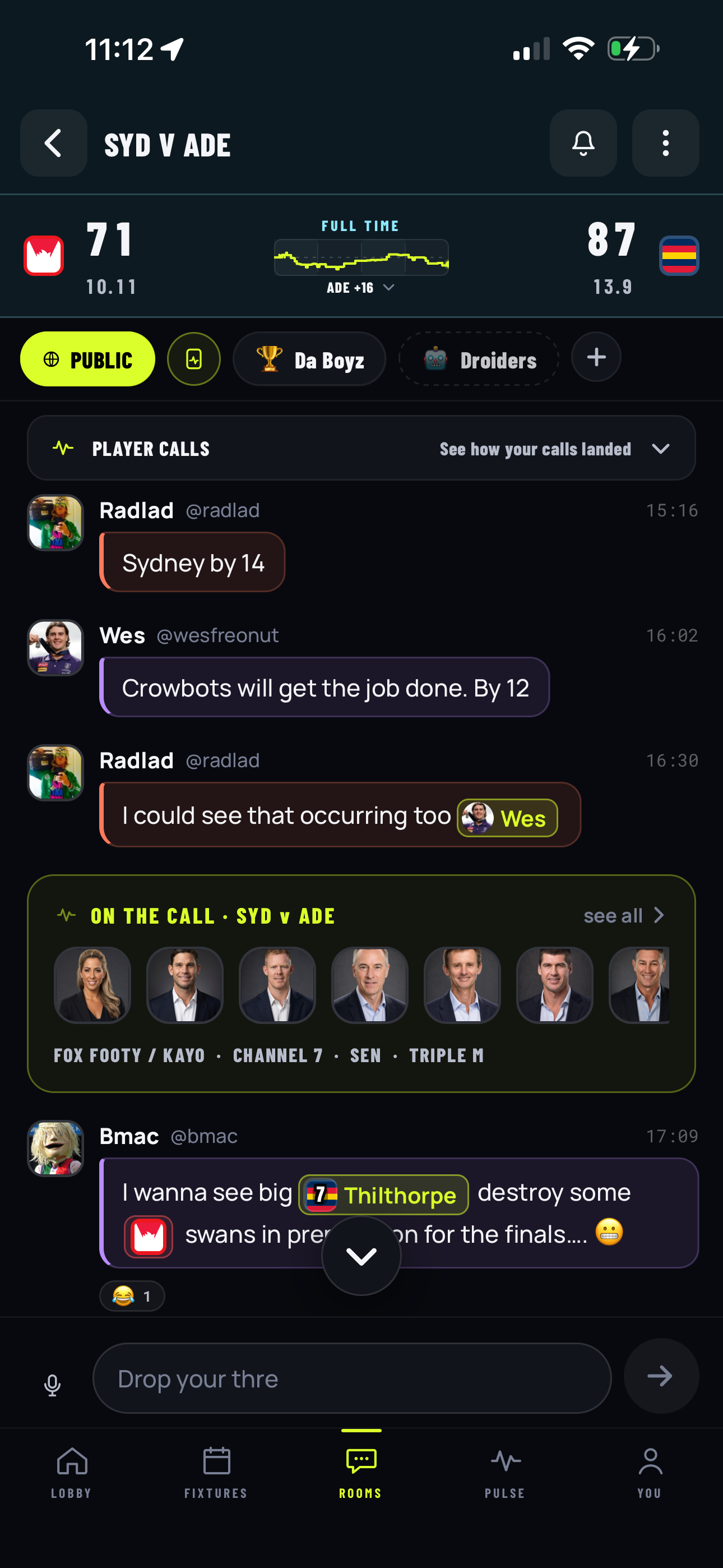 Live match room chat